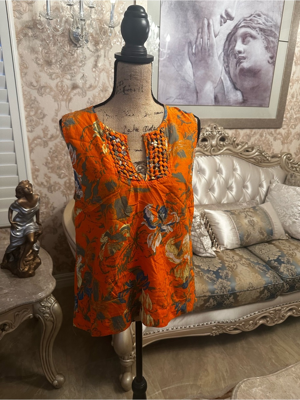Collection B Orange Floral Sleeveless Camisole with Woven Neckline